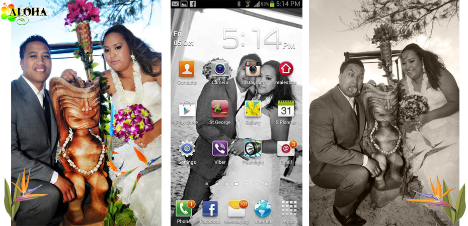riini andriod photo with tiki at wedding Hawaii